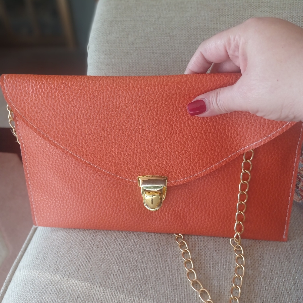 Orange Envelope Clutch with Gold Chain - Picture 7 of 10